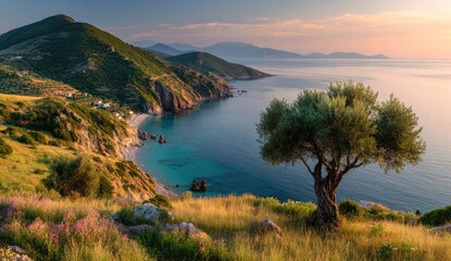 Obraz premium Picturesque coastal landscape at sunset