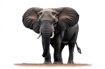 Obraz premium front view of a large elephant standing on dry grass with ears spread wide against a white background conveying strength and majesty