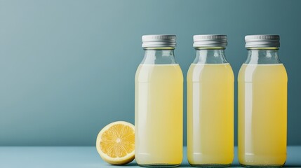 Three bottles of lemon juice stand next to a halved lemon against a blue background.