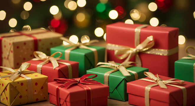 Festive array of wrapped gifts with gold ribbons and bokeh lights