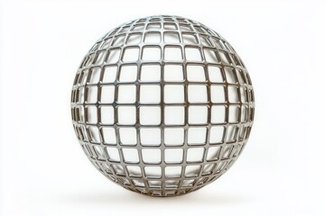 Metallic spherical grid structure with square openings on a white background conveying modern geometric design and minimalistic aesthetic