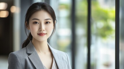 Confident Asian professional posing in front of a bright office window