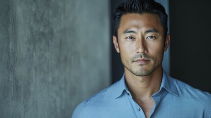 Fototapeta premium Asian Man in Blue Shirt Looking at Camera Against Textured Gray Background
