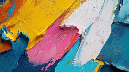 Close-up of vibrant textured paint strokes in yellow, pink, white, and blue colors creating an abstract layered pattern with visible brush marks