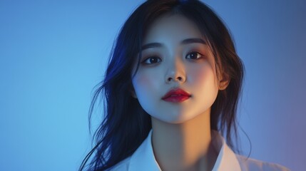 Portrait of Young Asian Woman with Dark Hair and Red Lipstick Under Blue and Orange Lighting