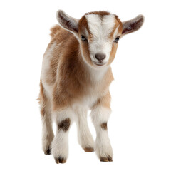 A curious and cute baby goat with brown and white fur stands on a dark background looking at the camera.