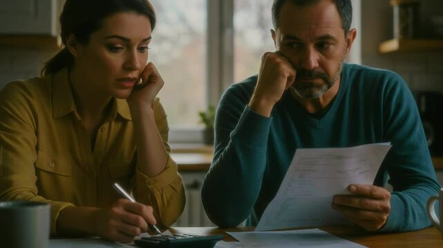 Couple reviewing financial documents at home, showing concern and contemplation in a cozy kitchen