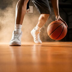 Naklejka premium Low-angle action shot of a basketball player dribbling indoors, emphasizing motion, control, and dusty court intensity. 