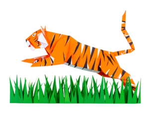 Origami Tiger Jumping Over Grass