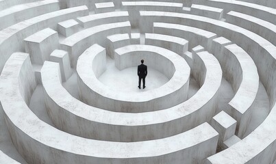 man in business suit standing alone at the center of a large circular concrete maze symbolizing challenge and introspection