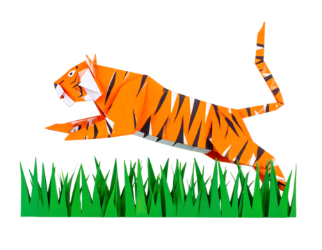 Origami Tiger Jumping Over Grass