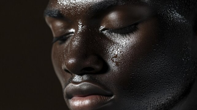 Close-up of a Sweaty Black Man with Eyes Closed in Dark Environment