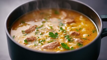 A steaming pot of hearty soup with meatballs, herbs, and vegetables, garnished with fresh parsley.