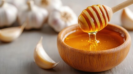 A wooden bowl of honey with a dipper, surrounded by garlic cloves on a light surface.