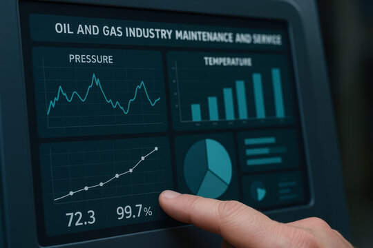 Oil and gas industry maintenance service screen displays pressure temperature and data charts for efficient monitoring and control in field