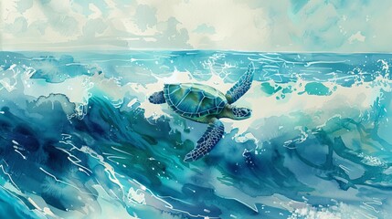 Obraz premium watercolor ocean waves with turtles soft blues on turtle .