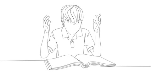 Confused Student Boy Reading Book – One Line Drawing of Learning Frustration