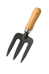 Single gardening hand fork with light brown wooden handle and black metallic tines on transparent background