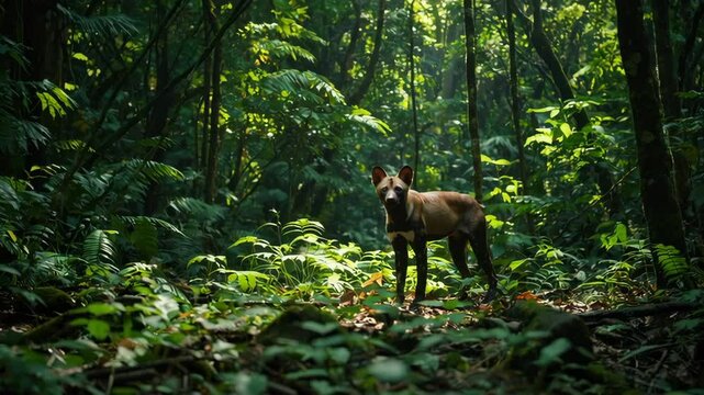Dhole standing in lush tropical forest