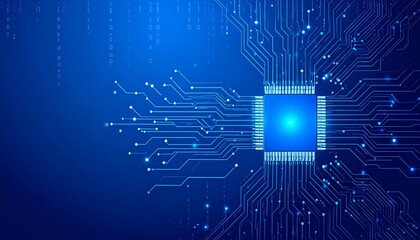 AI chip background on technology blue background. Circuit board. Ai Tech bg. Semiconductor or CPU processor. Artificial intelligence concept. Abstract digital vector illustration. Big data