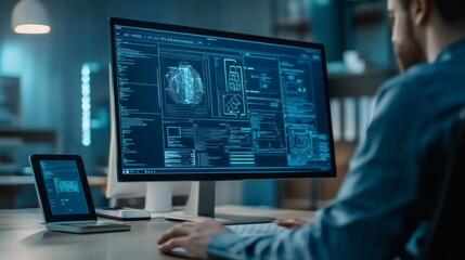 A programmer is working with sophisticated technology, displaying complicated code on the monitor.