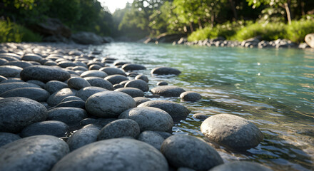 Pebbled riverbank serene watery sunlight gleams