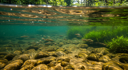 Riverbed teeming with fish glimpsed underwater