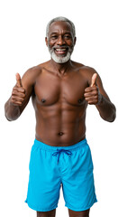 Happy senior Black man with a grey beard, shirtless in blue swim trunks, smiling and giving two thumbs up, isolated on a transparent background, exuding health and vitality.