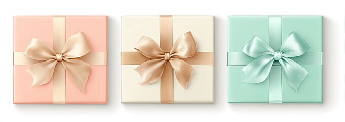 Three gift boxes with pastel-colored ribbons