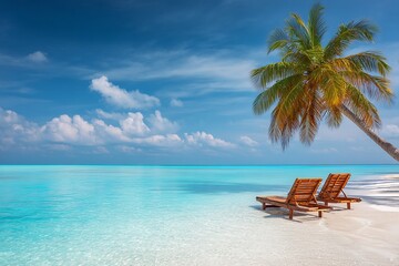 Obraz premium Tropical Beach Scene with Two Lounge Chairs and Palm Tree