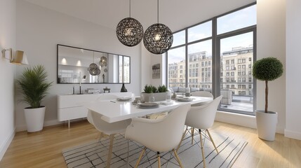 Fototapeta premium Bright, airy Scandinavian dining space with subtle Christmas accents Natural light, simple design, festive holiday feel - abstract background pattern texture