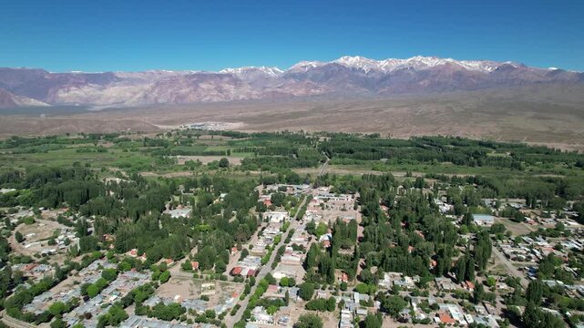 Aerial view of the town of Uspallata, Mendoza, Argentina.