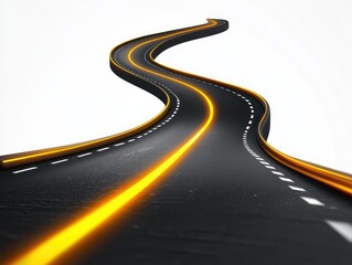 A futuristic glowing winding road bending with smooth curves and bright yellow lines on a dark asphalt surface under white background