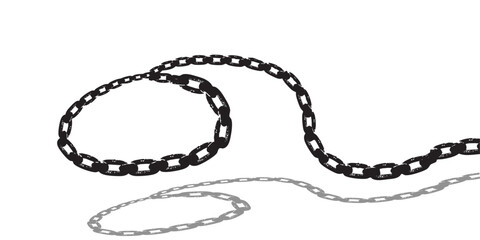 Long black metal chain looping and extending on white background