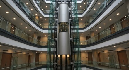 Glass elevator represents vertical transportation and modern architecture, with interior view of building