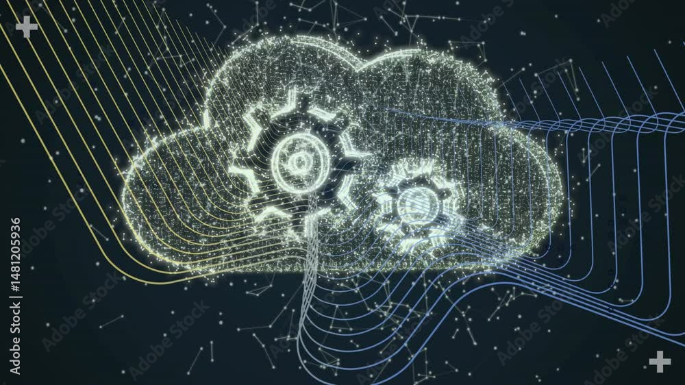 Poster marketers exploring technology cloud network visualization, with glowing gears and data streams