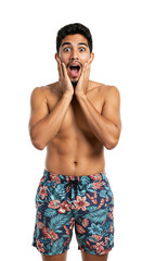 Fototapeta premium Young adult Hispanic man with a surprised expression, shirtless and wearing floral swim trunks, posing with hands on cheeks against a transparent background.