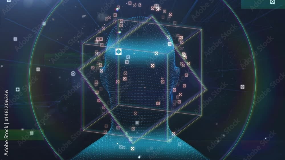 Poster tech designer manipulating holographic head mesh in interface, showing wireframe cube and icons