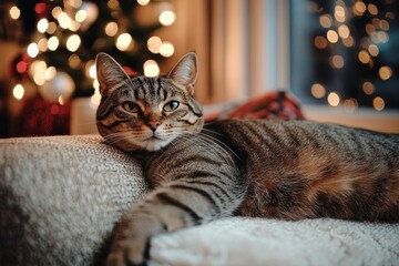 Close-up of a relaxed tabby cat with green eyes lying on a cozy textured surface near warm blurred lights in a home setting