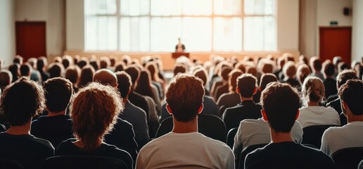 Audience sitting in rows facing a speaker at a podium in a brightly lit conference room with large windows, attentive and focused atmosphere