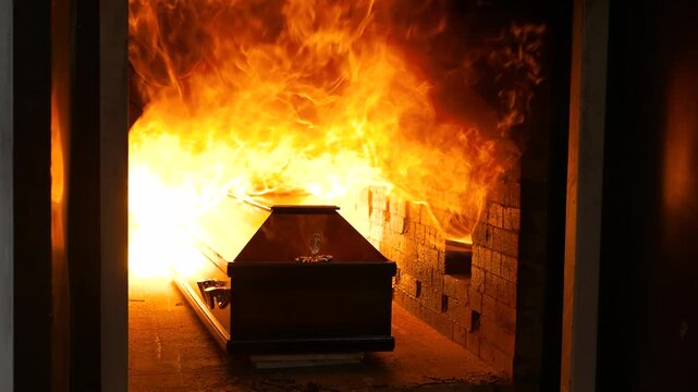 A bright fire in the crematorium chamber envelops a glossy coffin.