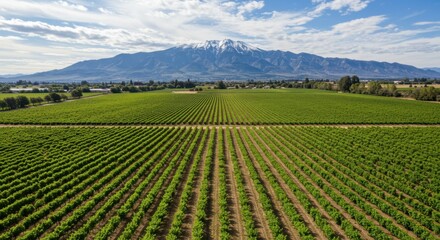 Vineyard landscape representing agricultural abundance and growth, with mountain backdrop