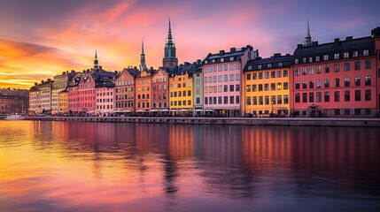 Fototapeta premium Colorful buildings reflect in the water at sunset.