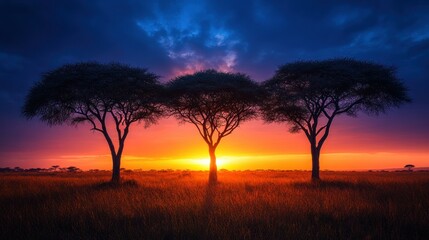 Majestic African sunset with three silhouetted trees