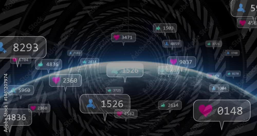 Poster planet horizon glowing while floating notification icons swirling around orbit in 3d render