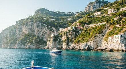 Obraz premium Coastal Amalfi Coast scenery with a boat. Picturesque Mediterranean landscape with houses clinging to cliffs