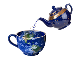Earth Shaped Teacup Receiving Pouring From Blue Gold Teapot
