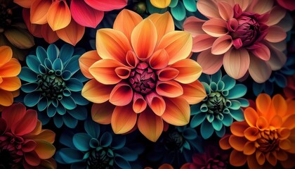 Close-up of vibrant multi-colored flowers with detailed petals in shades of orange, red, blue, and pink creating a lively and cheerful floral pattern