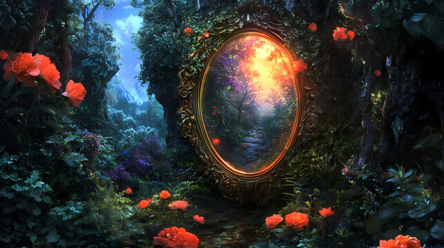 Reflecting the fantastical realm a mirror s duality of reality and dreams. illusionary mirror portal. illustration. [Mirrored Realms] | Parallel Orchard | twin bloom. Illustration