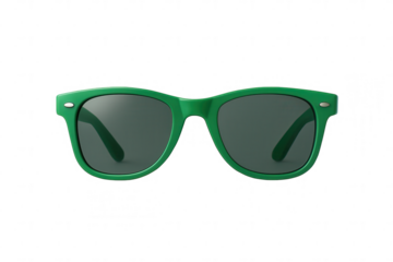 Pair of green sunglasses with dark lenses on transparent background
